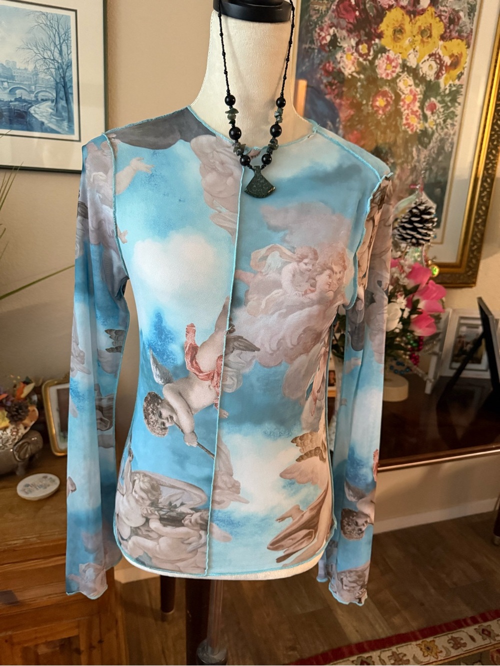 Cherub Print Long Sleeve Top in Sky Blue